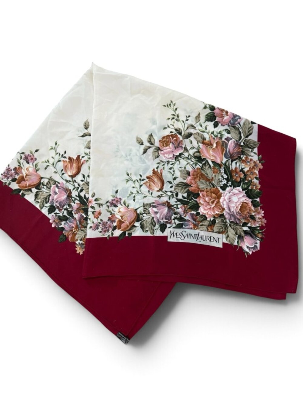 VTG 80's YSL Saint Laurent Silk Burgundy Fall Floral 100% Silk Scarf 31"x31"